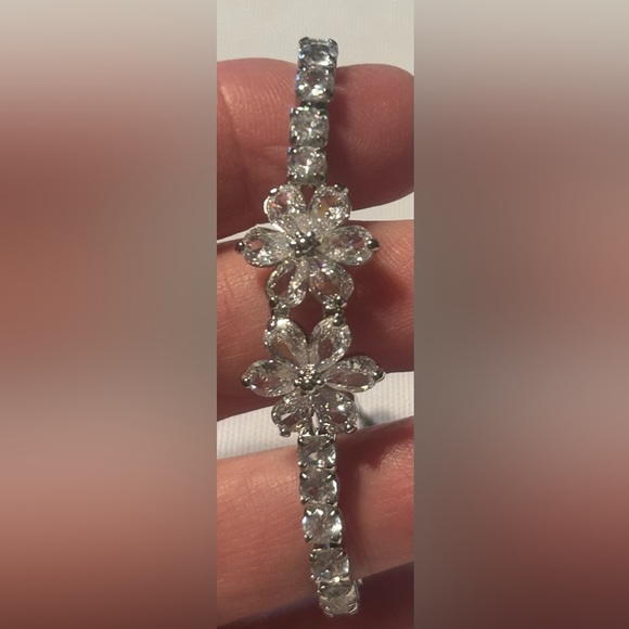 Silver Floral Crystal Slider Bracelet - Sparkling Clear Stones - Picture 2 of 5